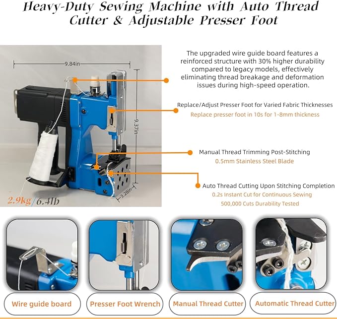 Bag Sewing Machine - 2s/bag Heavy Duty Portable Stitching Machine for Woven Bags, Non-Woven Fabrics, Leather | Warehouse & Farm Packing Tool (Blue, Corded - 110V AC)
