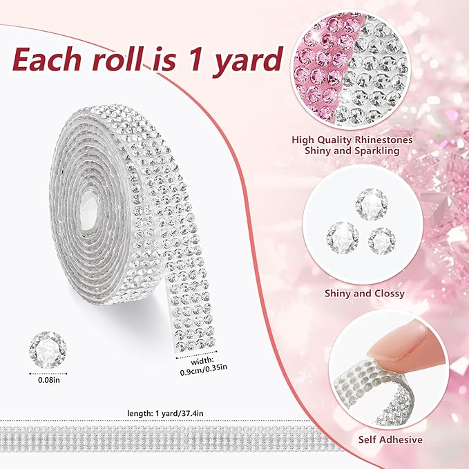 Rhinestone Ribbon Self Adhesive, 8-Rolls Bedazzling Strips, 8-Yard Rhinestone Strips for DIY Craft, Rhinestones Tape Self Adhesive, Transparent Crystal Color