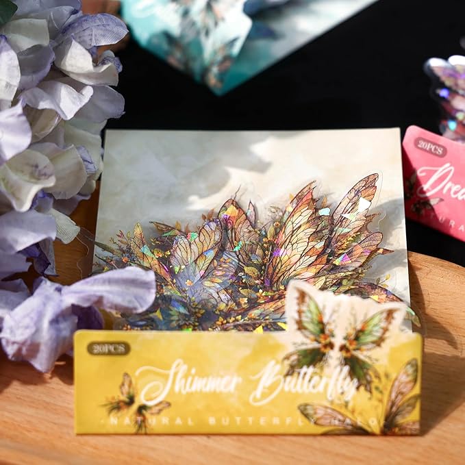 80-Piece Holographic Glitter Butterfly Art Stickers for Scrapbooking, Journaling, Resin Crafting – Waterproof Transparent Floral Fantasy Butterfly Decals