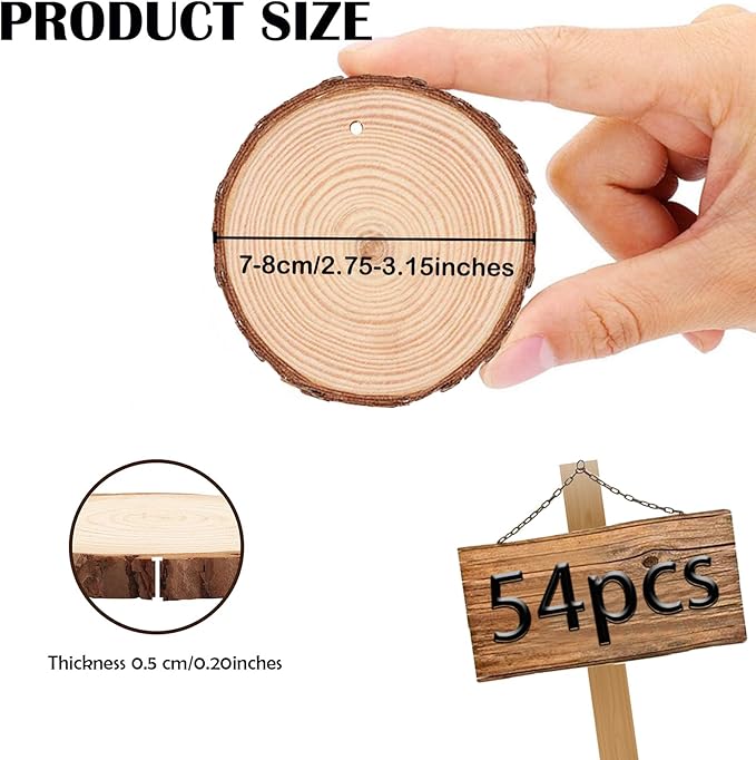 Wood Slices 54 Pcs 2.8-3.1 Inches,Wood Slices for Crafts with Hole,Small Wood Cookies,Natural Wood Slices for DIY Rustic Candle Holders/Wedding/Christmas. ﻿
