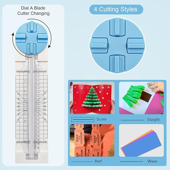 Paper Trimmer, 4 Styles Craft Paper Cutter Multi-Function Scrapbooking Tool for Cutting Paper Photos Scrapbook Postcard (Straight, Wave, Perforated and Creasing Lines) (Blue)