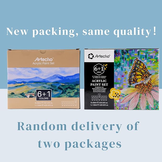 Artecho Acrylic Paint Set, 7 Primary Colors - 6x2.02oz/60ml & 1x4.05oz/120ml Titanium White Tubes, Art Craft Paints for Canvas, Rock, Wood, Fabric, Art Supplies