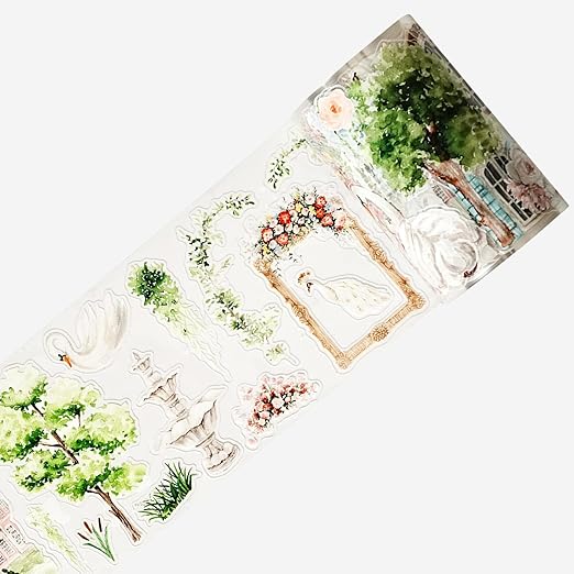 WT Pre-Cut French Courtyard Wide PET Tape, Single Roll, Romantic European Courtyard Style with Floral Designs, Transparent Decorative Tape for Journaling, Scrapbooking, Planner, DIY Crafts