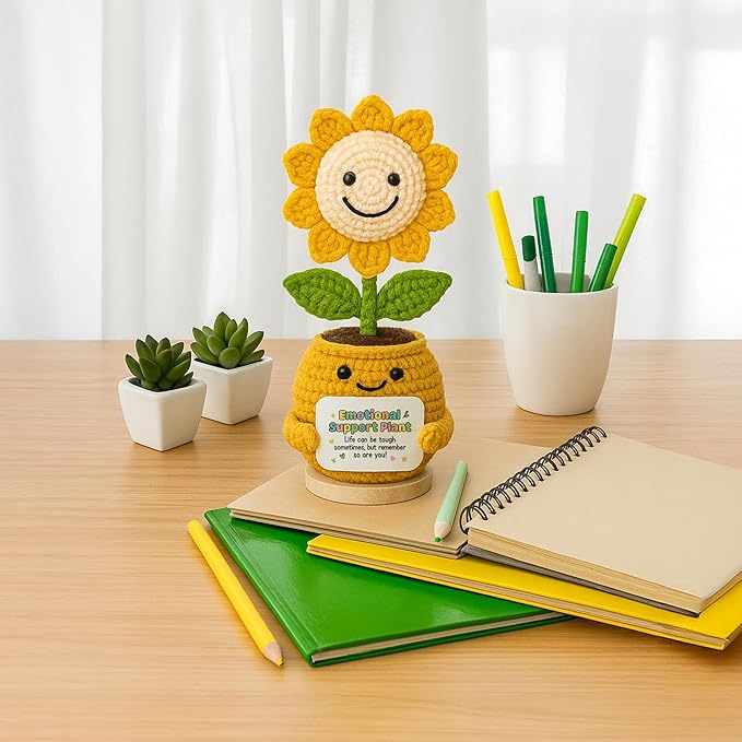 TUHNG & HYOO Emotional Support Crochet Positive Sunflower Plant Appreciation Messages Gifts, Positive Emotional Handmade Crochet Plant Decor Stuff Gifts for Women Men Friends