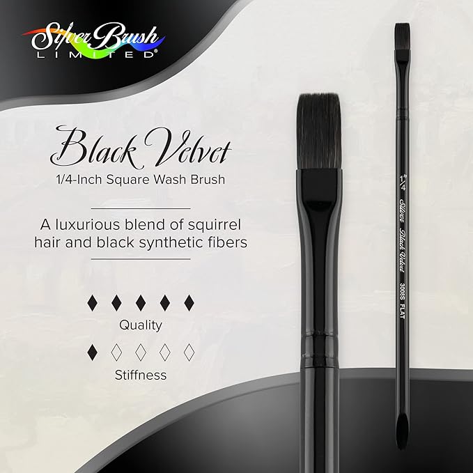 Silver Brush Limited 3008S-1/4in Black Velvet Professional Square Wash Paint Brush, Natural Squirrel Hair and Synthetic Mix Blend Filament Watercolour Brush, Size 1/4 Inch, Short Handle