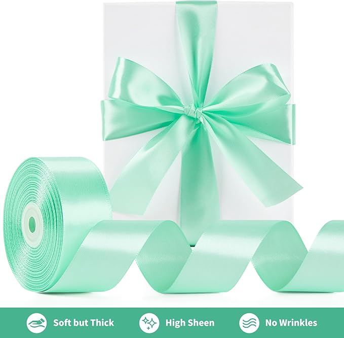 1-1/2 Inch Wide Mint Green Satin Ribbon, 50 Yards Solid Polyester Fabric Ribbon for Roses Making, Gift Wrapping, Valentine's Day, Wedding Decorations, Crafts, Bows, Flower Bouquets