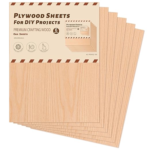 Rowood 6 Pack Oak Plywood Sheets 1/8,12x16x1/8inch,3mm Thin Unfinished Craft Wood for Laser Cutting Blanks,DIY Adult Project Kits for DIY Ornaments,Architectural Model