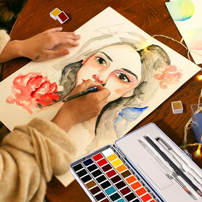 Travel Watercolor Set, 52 Colors Watercolor Paint with 1 Drawing Pencil, 1 Paint Brush, 5 Watercolor Paper, 1 Sponge & 1 Black Drawing Pen, Water Colors Paint Adults Set, Blue Case