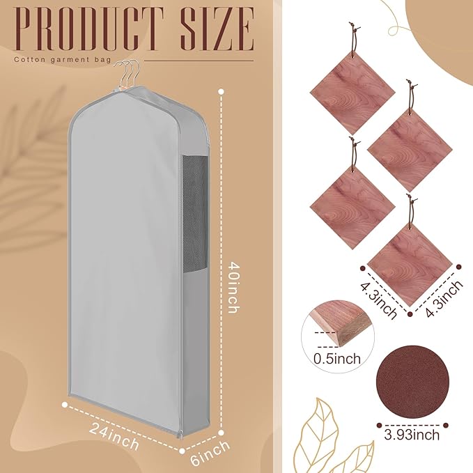 40" Short Cotton Garment Bag for Hanging and Storage Clothes with 4 Cedar Blocks for Fresh Smell, Breathable Hanging Bags for Closet Storage Fur Coat Suit Sweater Jackets, 6'' Wide, Gray