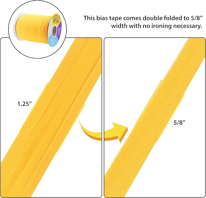 Mandala Crafts 55 Yards 5/8 Inch Mustard Yellow Double Fold Bias Tape for Sewing - Bias Binding Tape for Quilting Binding, Hemming, Seam, and Fabric Piping