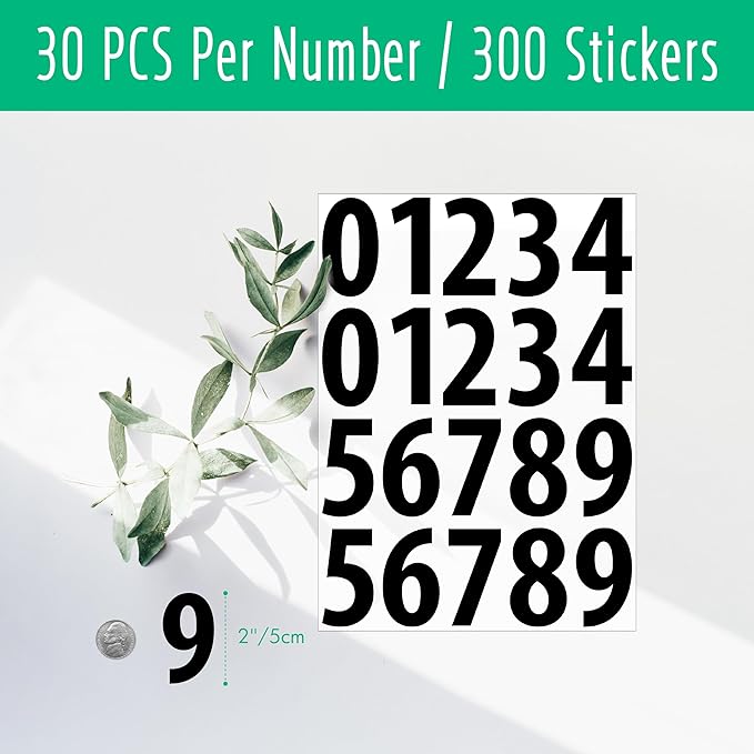 300 PCS Number Stickers, 2” Waterproof Vinyl Number Stickers Consecutive Number 0-9 Labels Self-Adhesive Without Residue Left for Office, Classroom, Indoor, Boxes, Storage (15 Sheets, Black)