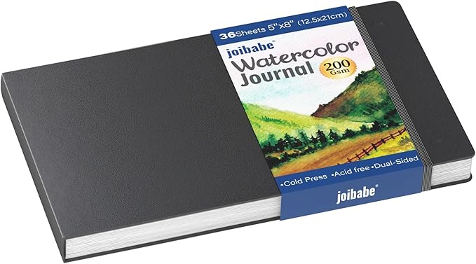 Joibabe Watercolor Journal，Cold Press Watercolor Paper Sketchbook 8” x 5”，36 Sheets 200gsm Watercolor Paper, Acid-Free for Watercolors, Gouache, Acrylics and Mixed Media（Black）