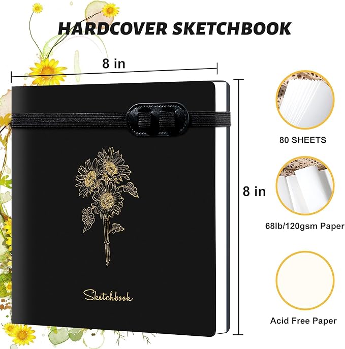 Yoment Hardcover Sketch Book, Sketchbook for Drawing with 2 Pencils, 150GSM Thick Paper, Square Art Sketch Book Drawing Paper Book 160 Pages Sketch Pad Journal for Women Adults,Gift Boxed, Black