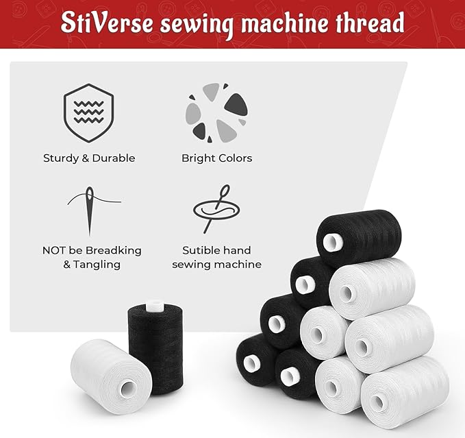 12 Pcs Sewing Thread, 1000 Yards Black Threadfor Sewing，All-Purpose White Thread forSewing, Polyester Threadfor SewingMachine, Hand Stitching, Quilting (White & Black)