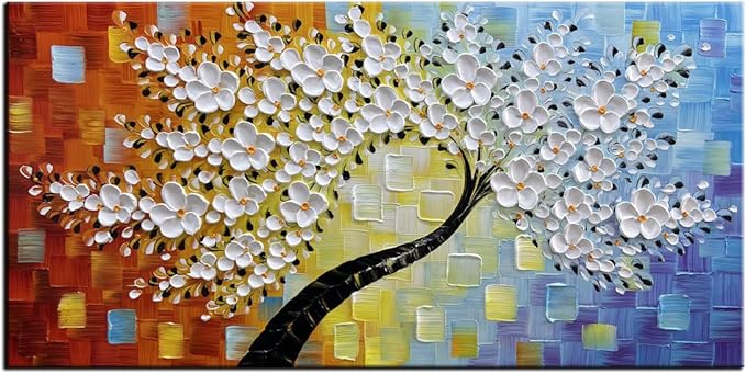YaSheng Art -hand painted White Flowers Paintings Oil Painting On Canvas Abstract Texture Palette Knife Tree Paintings Modern Home living room Bedroom Dining Room Wall Decor Ready to hang 20x40inch