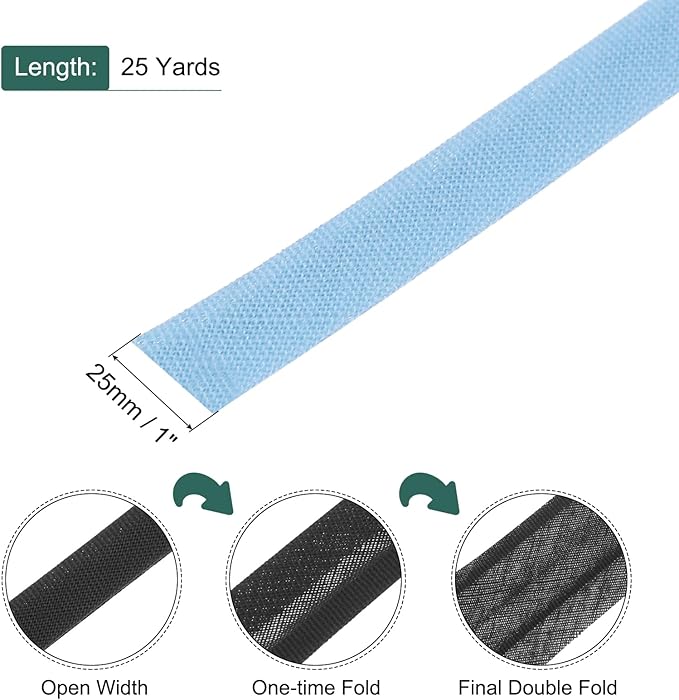 MECCANIXITY 1 Inch Double Fold Bias Tape Polyester Continuous Bulk Bias Tape for Sewing,Seaming Quilting Hemming Binding Crafts (Light Blue 25 Yards)
