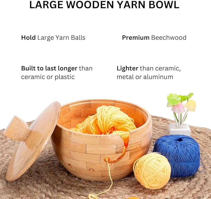 Wooden Large Yarn Bowl with Lid (7.5x4.5) – Yarn Holder with Cover for Crocheting & Knitting – Crochet Bowl with Handle & Hooks – Christmas Gift for Crafters