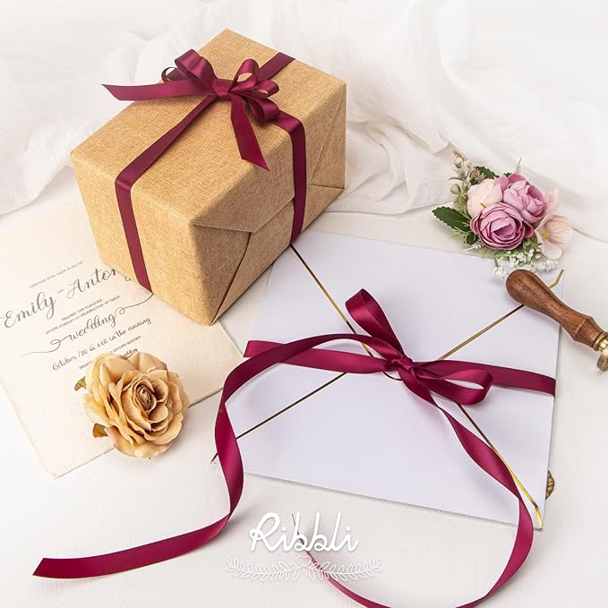 Ribbli Wine Satin Ribbon Double Faced Satin 1/2 inch x Continuous 50 Yards-Wine Ribbon for Gift Wrapping Crafts Wedding Decoration Bows Bouquet Floral Arrangement