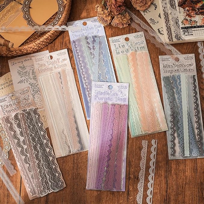 40 Pcs Transparent Lace PET Stickers for Scrapbooking Junk Journal Card Making Collage Diary Planner Notebook Letter Photo Album Craft Project Decoration, 5 Patterns (Brown)