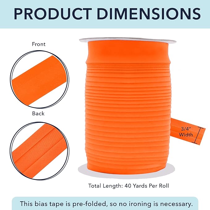 Mandala Crafts 3/4 Inch Single Fold Bias Tape for Sewing, Quilting, Piping, Hemming, Blanket & Quilt Binding – 40 Yards Orange Fabric Seam Binding Tape