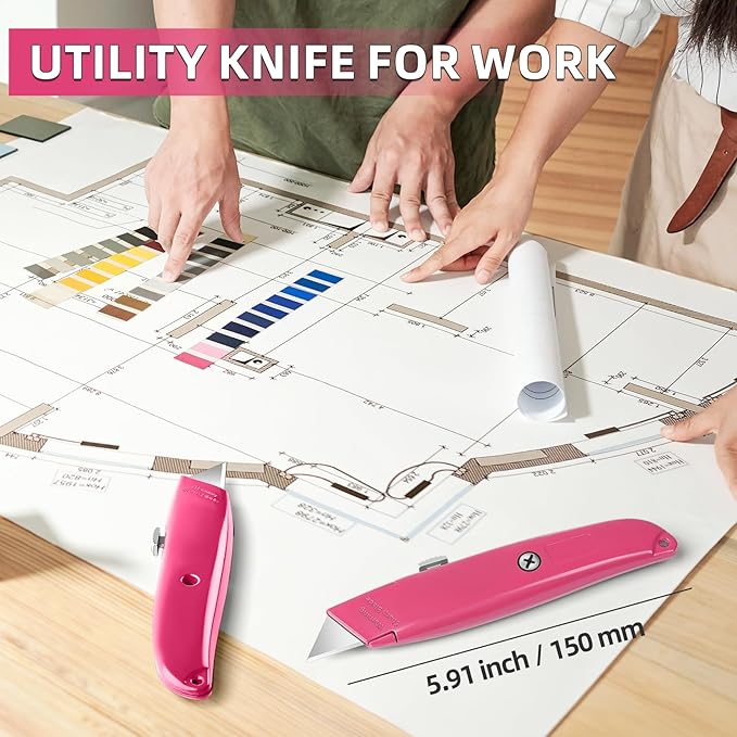 DIYSELF 30 Pack Box Cutter Heavy Duty Aluminium Shell Utility Knife | SK5 Steel Sharp Blade | Retractable Knife for Cutting Cartons Ropes and Cardboard | Home and Office Use, PVC Pipe Cutter (Pink)