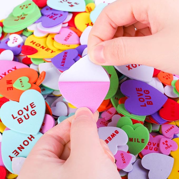 Ruisita 500 Pieces Valentine's Day Heart Shaped Foam Stickers in Pure Color Printed Letters 8 Colors 3 Sizes Self-Adhesive Stickers for Valentine's Day Scrapbooking Craft Decorations