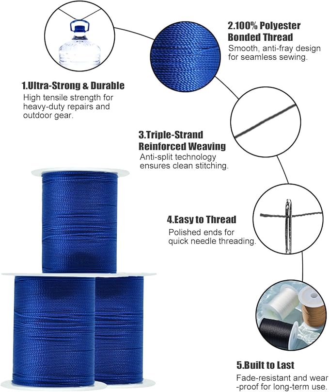 Extra Strong Upholstery Thread Repair Sewing Kit,Polyester Thread for Sewing with 7 Size Sewing Needles for Furniture,Leather&Canvas Stitching,70m/Spool (Blue)