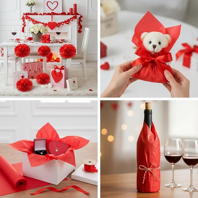 Qilery 500 Sheets Red Tissue Paper Bulk 15 x 20 Inch Valentine's Day Wrapping Paper for Gift Bags Acid Free Tissue for Chinese New Year Craft, Bouquet, Garland, Forming Pompom, Wedding