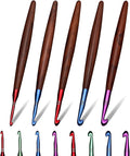 Giwrmu 5 Pcs Crochet Hooks, 3.0mm/4.0mm/5.0mm/6.0mm/7.0mm Ergonomic Crochet Hook, Colored Aluminum Crochet Hook with Wooden Handle Crochet Needle for Crocheting Yarn