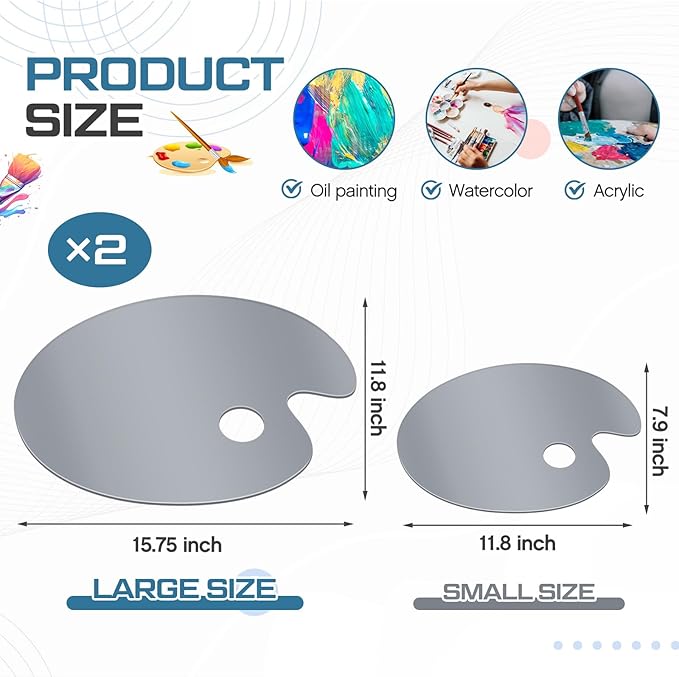 Honoson Large 2 Pack 15.7 x 11.8 Inch Neutral Grey Acrylic Paint Palette with Opaque Paint Pallet, Big Size Easy to Clean Non Stick Artist Pallet for Oil Watercolor Craft DIY Painting Palette (Oval)