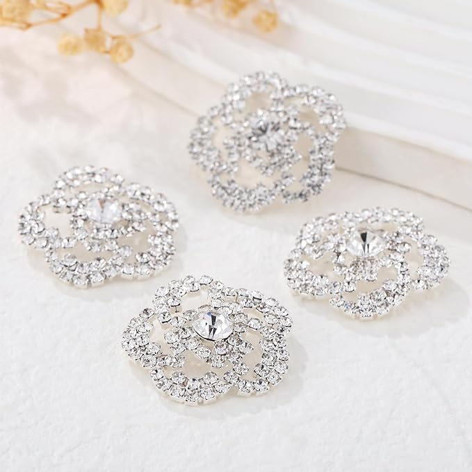4Pcs Sliver Rhinestone Buttons Crystal Embellishments for Clothing Jewelry Making DIY Decoration Bottons for Sewing Crafts Wedding Bridal (silver-03)