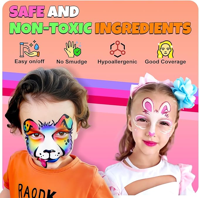 Drawdart Professional Face Painting Kit for Kids Adults, Large Split Cake Face Paint Palette with Glitters, One Stroke Non-Toxic Rainbow Face Body Makeup Kit for Festival, Party & Cosplay Makeup