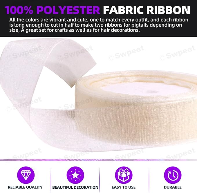 Swpeet 2 Rolls 50 Yards x 1 Inch Beige Shimmer Sheer Fabric Ribbons Organza Ribbon, Transparent Sheer Ribbon Chiffon Fabric Ribbons for Bouquets Wedding Birthday Decoration