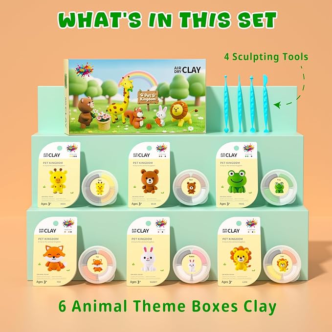 Air Dry Clay for Kids - 6 Animal Themed Modeling Clay Kit, Model Magic Clay with Sculpting Tools and Tutorials, Ultra Light & Soft, Non-Toxic & Safe, DIY Arts and Crafts School Projects for Kids