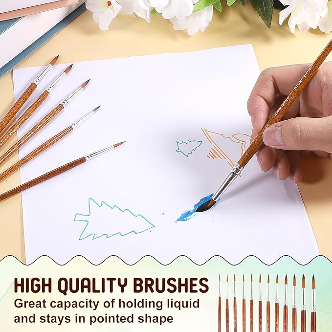 12 PCS Artist Watercolor Paint Brushes, Round Pointed Tip Artist Paint Brushes Round Paints Brush Basic Set Different Sizes Detail Paints Brush for Watercolor, Acrylic, Gouache, Ink