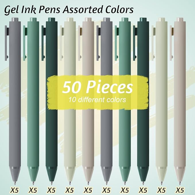 Crtiin 50 Pcs Gel Ink Pens Bulk, Black Ink 0.5mm Fine Point Retractable Pen Smooth Writing Office Supplies for Teacher Server Nurse Christmas Charity Donation Valentine (Green Series)
