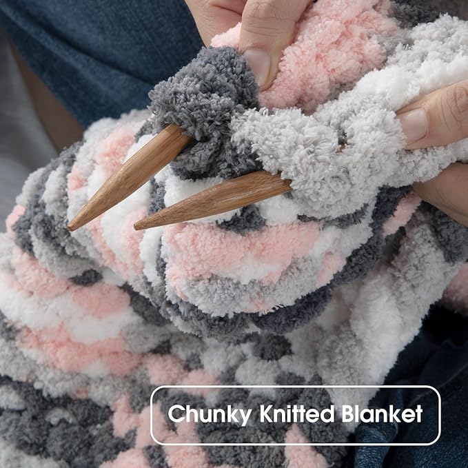 Hombys 8 Pack Giant Chunky Yarn for Crocheting/Hand Knitting - Super Bulky, Soft, Fluffy, Plush Fuzzy Yarn - Tie Dye, Mixed Color Thick Chenille - Dark Grey, Pink, White