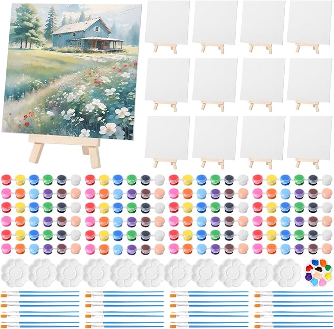 Qilery 12 Set Acrylic Paint Kit Mini Stretched Canvas with Easel, Acrylic Paints Strips, Brushes, Palette, Art Set for Kids Adults Classroom Birthday Party Favors(7.9 x 7.9 Inch)