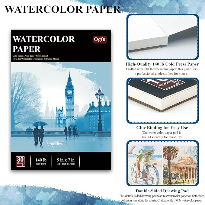 Watercolor Paper 5x7, Small Watercolor Sketchbook, 30 Sheets (60pages) 140 lb Cold Press Water Color Paper, 300gsm Paper for Water Color Paint, Watercolor Art Supplies for Adults & Beginners.