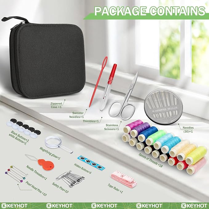 KEYHOT Sewing kit Basic,Needle and Thread Kit,Travel Small Sewing Machine Supplies for Adults Beginners Men, Home Travel Emergency Including Scissors Measure Tape Needle Threader (87pcs)