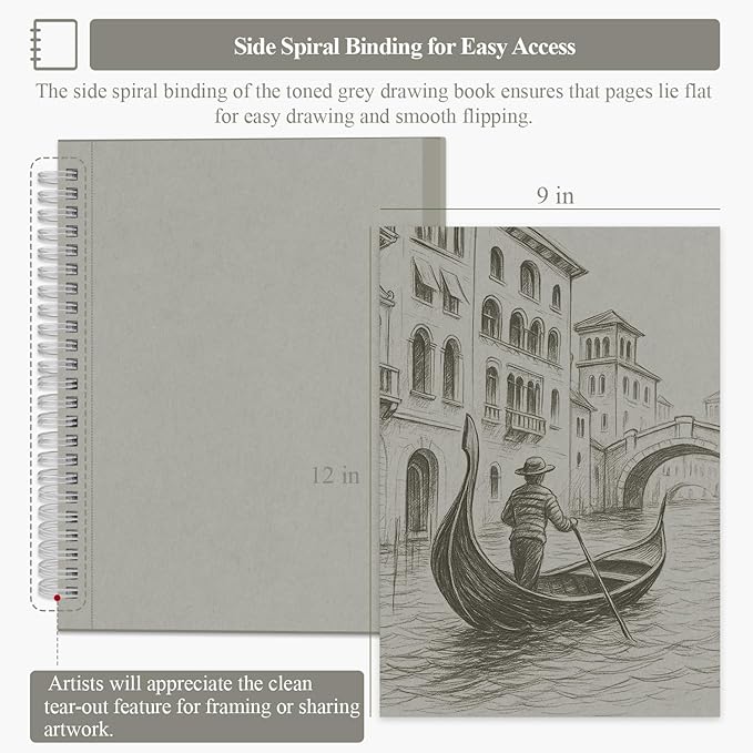 SuFly Gray Sketchbook 9" x 12" - 60 Sheets Spiral Bound Sketch Book, 85lb/130gsm Drawing Paper Pad for Graphite, Charcoal, Colored Pencils and Gel Pens.