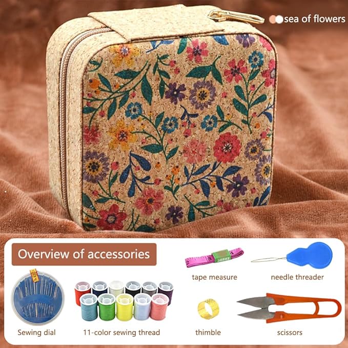 Sewing Box,Portable Travel Sewing Kit ，Vintage Soft Wood Print Sewing Kit,Mini Sewing Kits Storage Box,with 11 Color Thread, Scissors, Needles, Tape Measure and Other Accessories (sea of Flowers)