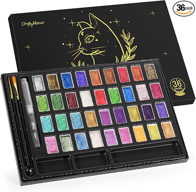 Mini Glitter Watercolor Paint Set with Paper, 36 Colors Shimmer Metallic Watercolour Painting Sets, Solid Pearl Water Color Paints for Adult, Kids, 1ml Trial Package(3ml 36 Colors)