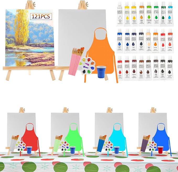 Rabbitale 121 Pcs Art Painting Kit Supplies Set for Party - 60 Paint Brushes, 24 Acrylic Paints, 6 Wood Easels & Canvas Panels & Palettes & Aprons & Wash Pen Cup, 1 Plastic Tablecloth