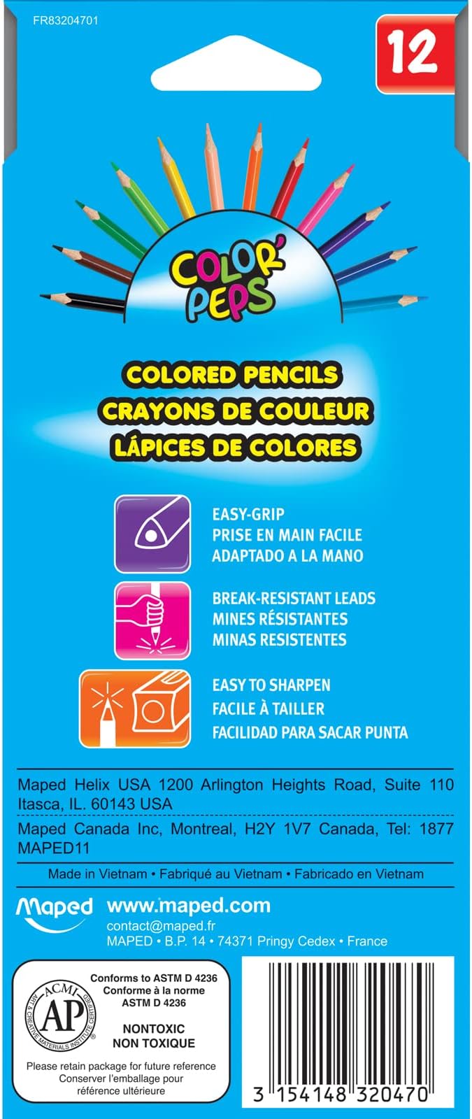 Maped Helix USA - Color'Peps Triangular Colored Pencils, 12-Pack - Ideal for Art Projects - Ergonomic Design - Vibrant Colors