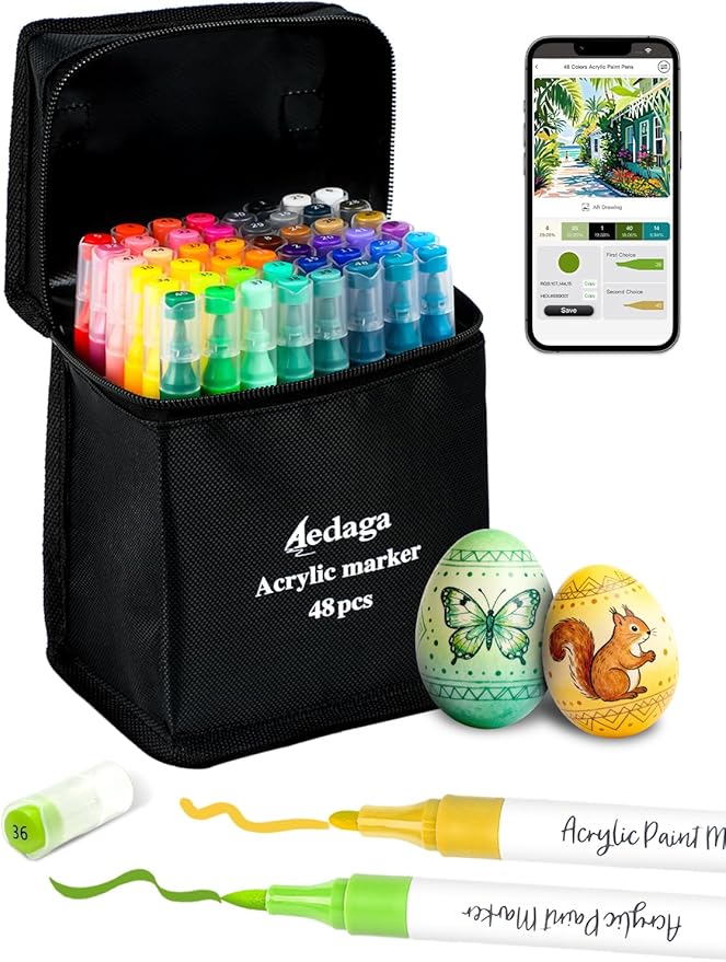 YHC 48 Colors Acrylic Paint Pens with Free App, Dual Tip Acrylic Paint Markers with Brush Tip and Fine Tip for Adults, Eggs, Wood, Rock, Canvas, Plastic, Stone, Glass, Ceramic