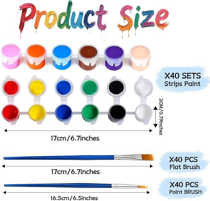 40 Pack Mini Acrylic Paint Set, 12 Colors Washable Paint Strips for Kids & Adults - Includes 80 Brushes, 480 PCS kids Paint Kits for Easter Eggs, Birthday, Classroom Party，school supplies