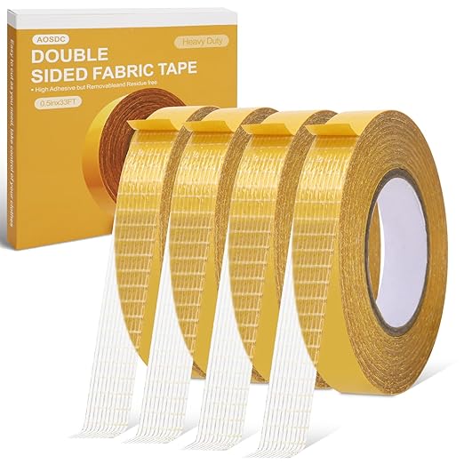 4 Pack， 0.5 in x 33FT/10m，Double Sided Fabric Tape Heavy Duty for Hem，Fashion Dress, Cloth， Curtains，High Adhesive Sticky but Removable and Residue Free, No Sewing or Ironing Need，Multipurpose,