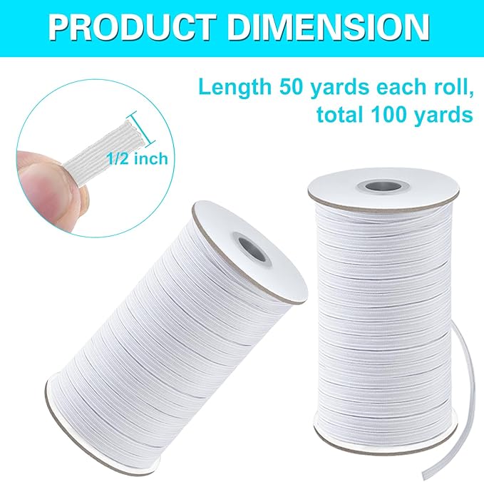 Coopay 100 Yards Length 1/2" Width Elastic Bands Flat Elastic Cord Rope Heavy Stretch Spool Knit for Sewing DIY Projects, Arts & Crafts, 2 Rolls, 50 Yards/Roll (White, 1/2 Inch)