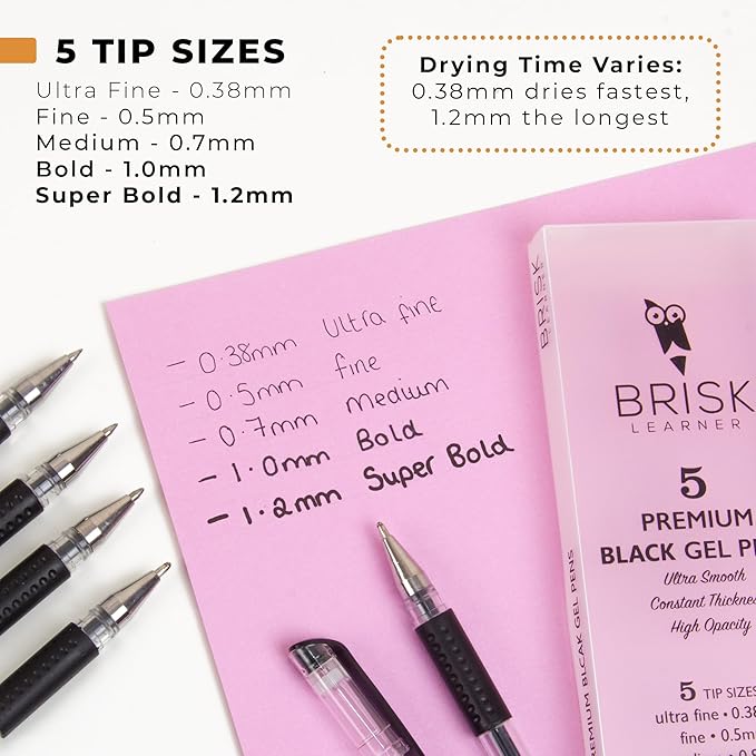 5 Black Drawing Gel Pens - 5 Tip Sizes - 0.38, 0.5, 0.7, 1.0, 1.2mm for Artists - Extra Fine, Fine, Medium, Bold, Super Bold - Japanese Ink for Art, Drawing, Writing, Journaling